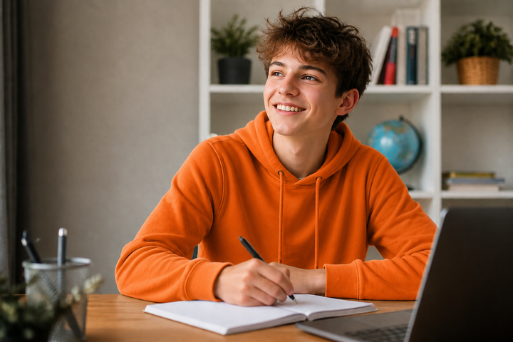 Tevreden scholier achter een schoolboek
